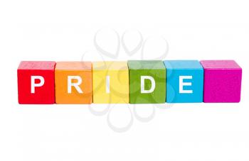 PRIDE word on cubes of rainbow colors. Isolate