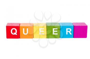 QUEER word on cubes of rainbow colors. Isolate