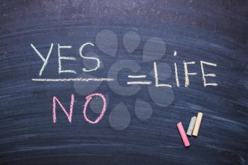 Words yes no on chalk board. The concept of choice, decision, consent, denial