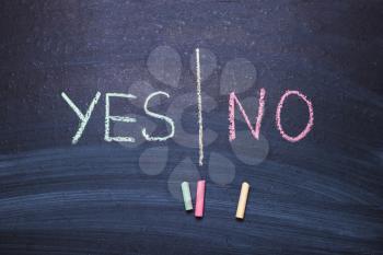 Words yes no on chalk board. The concept of choice, decision, consent, denial