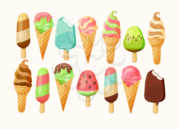 Ice cream collection of 14 items, vector illustration.
