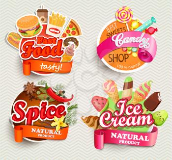 Food and drink elements, Typographical Design Label or Sticker - fast food, spice, candy shop, ice cream - Design Template. Vector illustration.