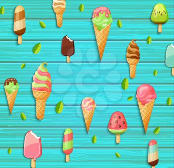 Colorful pattern made of ice cream, leaves on the blue wooden background, vector illustration.