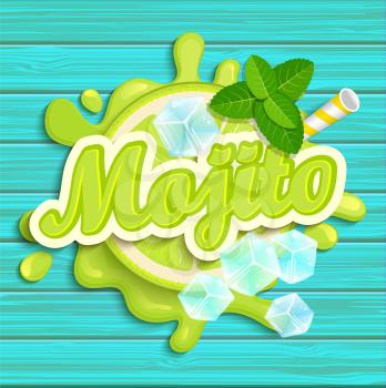 Mojito label splash. Blot and lettering with ribbon and ice cubes on blue wooden background. Splash and blot design, shape creative vector illustration.