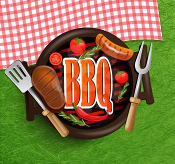 BBQ Grill elements - Typographical Design Label or Sticer on the background of green grass and rustic tablecloths in red and white squares. Design Template. Vector illustration.