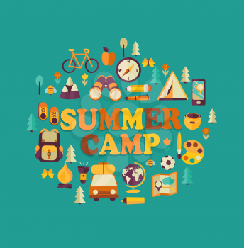 Summer Holiday and Travel themed Summer Camp poster in flat style.