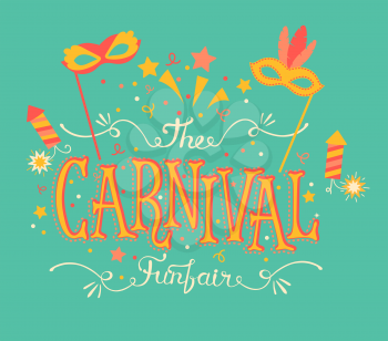 Carnival funfair and fireworks vector. Typographical design poster.