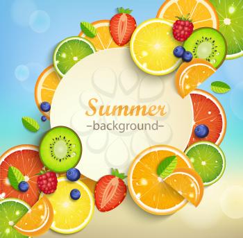 Summer background with tropical fruits and berries and round frame for the text. Vector illustration.