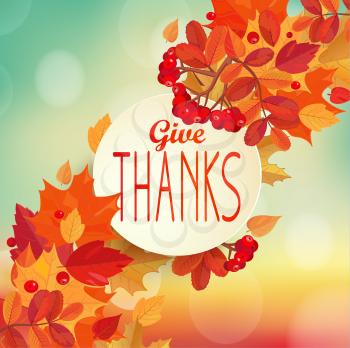 Give thanks - autumn background with colorful leaves and frame with text. EPS 10 vector illustration.