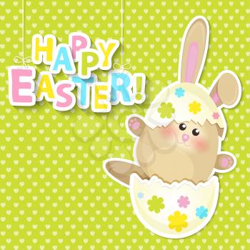 Greeting card for happy easter with Cartoon Egg and rabbit on the colorful background, vector illustration.