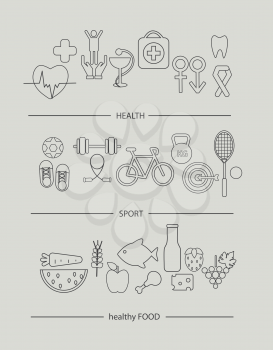Modern thin line icons set of healthy lifestyle concept. Simple mono linear pictogram pack of health, food and sport. Stroke vector logo concept for web graphics, vector illustration.