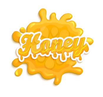 Honey label splash. Blot and lettering on white background. Splash and blot design, shape creative vector illustration.