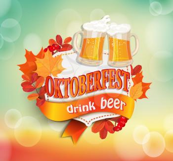 Octoberfest vintage frame with beer and autumn leaves on bokeh background. Poster template. Vector illustration, EPS 10.