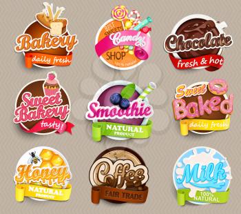 Set of stickers of food - farm fresh and pizza, fresh juice and grill, water, chocolate, coffee, smoothie, honey . Vector.