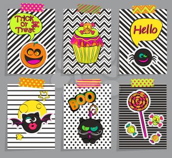 Set of stylish halloween cards, sticers, posters, icons, pins, patches in comic cartoon style on geometric background. Vector illustration.