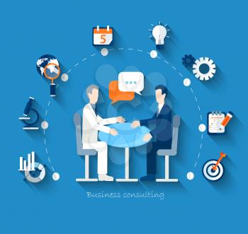 Flat design vector concepts for business, finance, strategic management, investment, natural resources, consulting, teamwork, great idea. Businessmen conduct negotiations at a table.