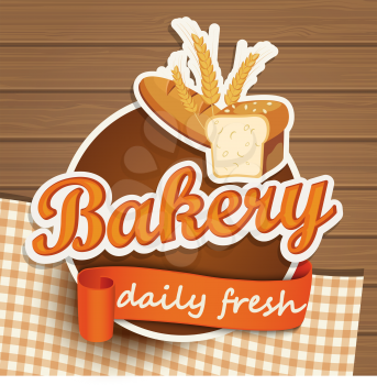 Bakery vintage bread sticer with ribbon and wooden background, vector illustration.