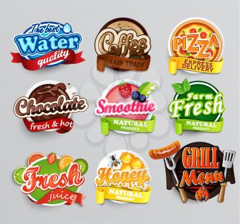 Set of stickers of food - farm fresh and pizza, fresh juice and grill, water, chocolate and coffee, smoothie and honey . Vector.