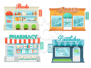 Shops and stores icons set in flat design style. Laundry, shop book, pharmacy and barbershop. Vector illustration