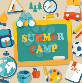 Summer Holiday and Travel themed Summer Camp poster in flat style, vector illustration.