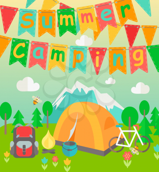 Summer Holiday and Travel themed Summer Camp poster in flat style. Hiking, mountain and travel icons. Party colorful flags with text. Vector illustration.