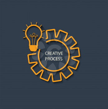 Vector startup concept in flat style - logo - creative process. Yellow stylish linear icon with shadow on dark gray background, vector.