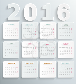 Modern calendar 2016 in a paper official style. Vector illustration.