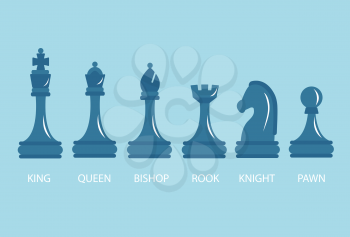 Set of chess pieces - pawn and rook, Bishop and knight, Queen and king, vector illustration.