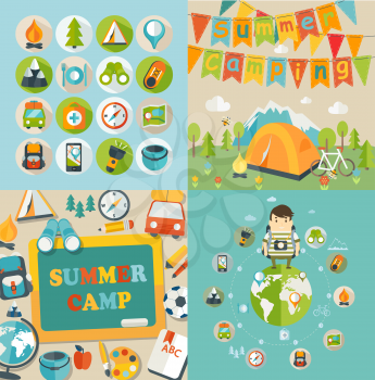 Summer Holiday and Travel themed Summer Camp posters and icons in flat style, vector illustration.