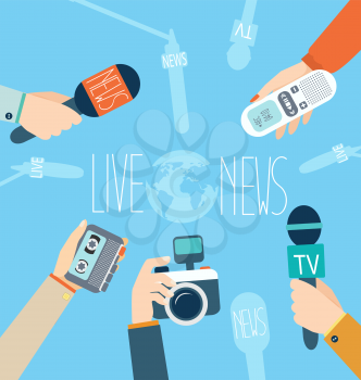 Journalism concept vector illustration in flat style.Vector live report concept, live news, hands of journalists with microphones, camera and tape recorders.
