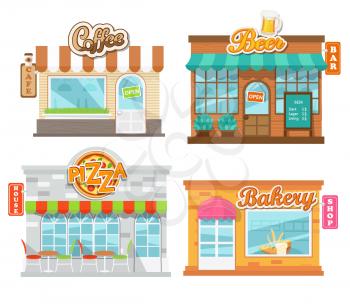 Vector illustration flat cafes and shop: pizza house, beer bar, coffee cafe and bakery shop.