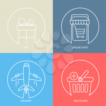 Outline e-commerce web icon set - gift, delivery, online shop, bag. Modern vector logo collection concept.