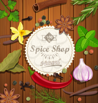 Spice shop paper emblem with different spices on the wood background. Vector illustration.