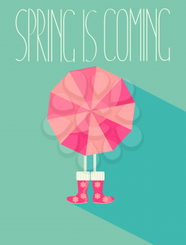 The vector illustration of a spring season in flat style of people with a bright umbrella and boots with the inscription made by hand the Spring is coming.