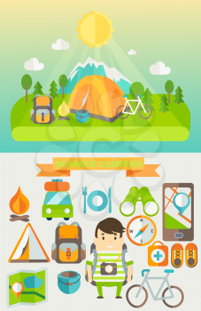 Summer Holiday and Travel themed Summer Camp poster in flat style. Hiking, mountain and travel icons, vector illustration.