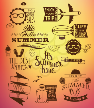 Summer holidays design elements and typography set. Retro and vintage templates. Labels and Badges, Posters. Vector set. Hello summer and holiday, summer sale and travel inscription.