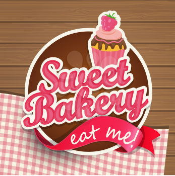 Sweat bakery vintage sticer with ribbon and wooden background, vector illustration.