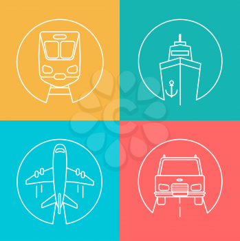 Freight business, express send and deliver autline logo, vector illustration. Flying airplane, Train,Ship and Car.