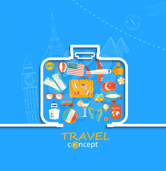 Concept of the travel - path of the suitcase in paper style with shadow and with flat icons of a sky-blue background , vector.