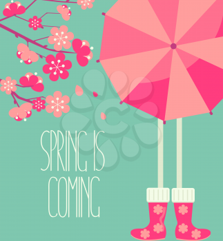 Vector illustration of a spring season in flat style - cherry blossoms and people with a bright umbrella and boots with the inscription made by hand the Spring is coming.