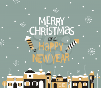 Winter town. Merry Christmas and Happy new year Greeting Card with lettering. Vector illustration.