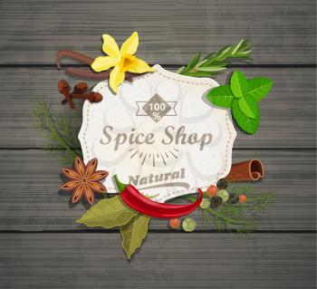 Spice shop paper vintage frame with different spices on the grey wood background, vector illustration.