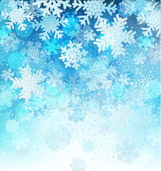 Bright blue background with snowflakes and snow, vector illustration