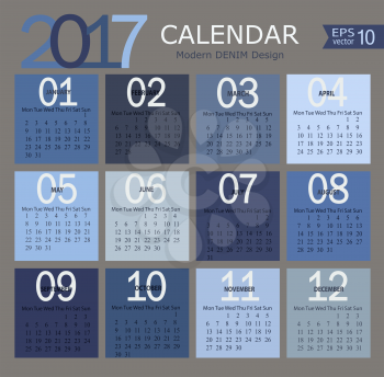 Vector illustration template of modern denim color 2017 calendar.