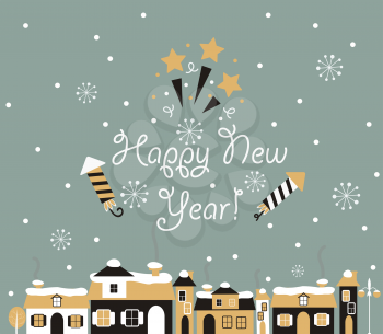 Winter town. Happy new year Greeting Card with lettering. Vector illustration.