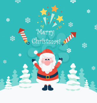 Christmas flat vector illustration.Snow landscape background with christmas trees and santa.