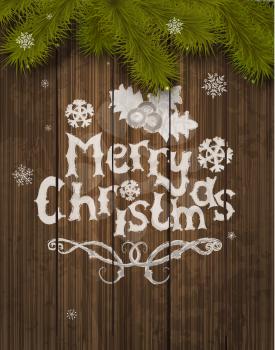 Vector Christmas greeting card - holidays lettering on a wooden texture background, vector.