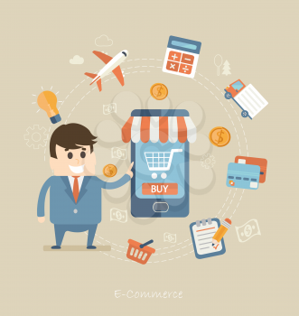 Flat design concept of e-commerce and delivery, online shopping, business. Vector.