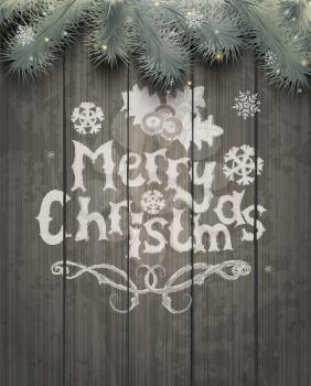 Vector Christmas greeting card - holidays lettering on a grey wooden texture background, vector.