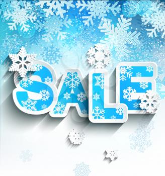 Winter sale inscription in paper style on bright blue background with snowflakes, vector illustration.
